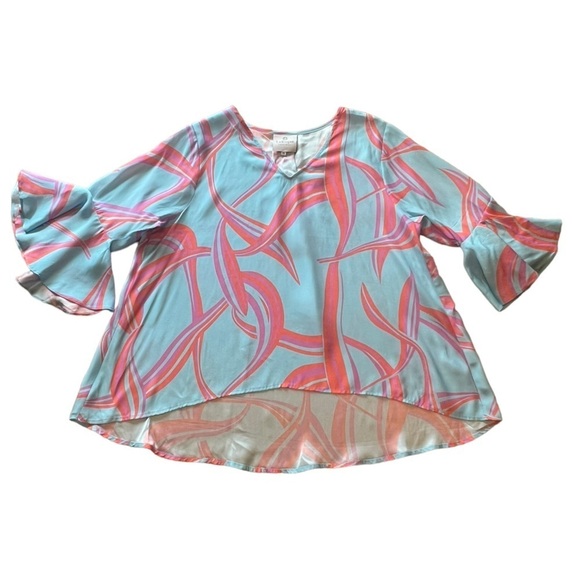La Roque Park 100% silk blue, coral, and pink top with statement sleeves - Picture 3 of 12